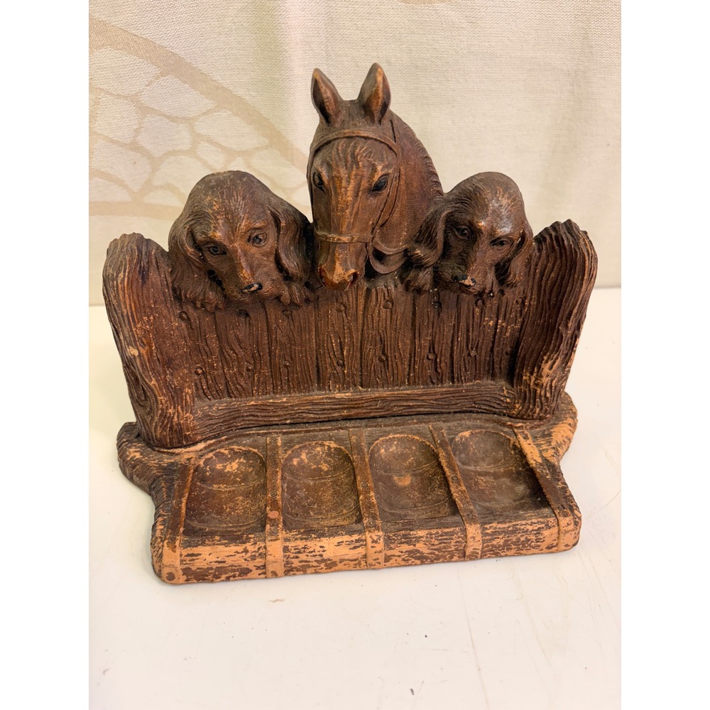 Vintage Rustic Horse and Spaniel Dog Pipe Stand Desk Organizer Equestrian Decor - Picture 2 of 4